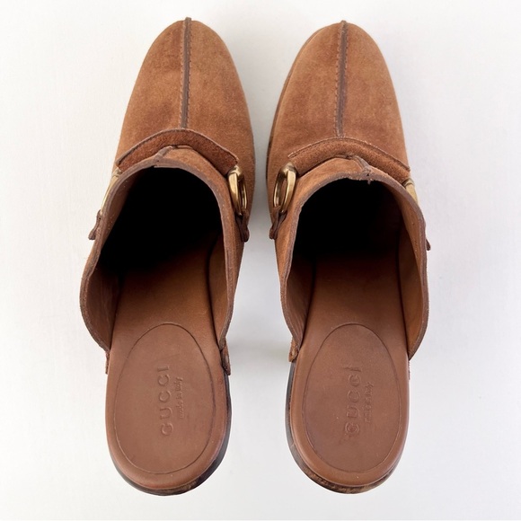 GUCCI | Brown Suede Horsebit Nailhead High Heel Wood Mule Clogs Platform US 8.5 - Picture 5 of 16